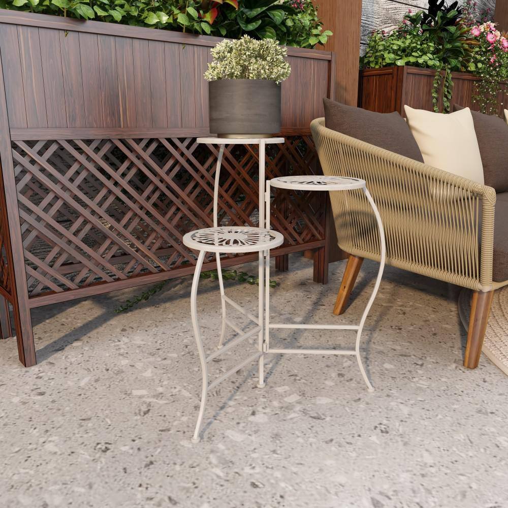 White Metal 3-Tier Floral Round Plant Stand