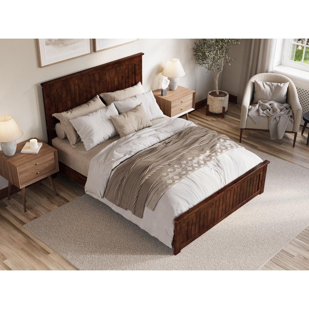 Walnut Queen Solid Wood Low Profile Platform Bed with Headboard and Footboard