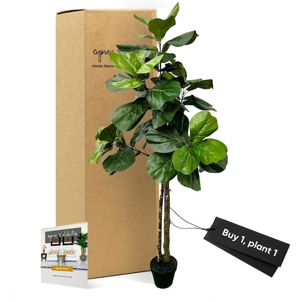 CYPRESS & ALABASTER Handmade 5 ft. Artificial Fiddle Leaf Fig Tree in Home Basics Plastic Pot Made with Real Wood and Moss Accents