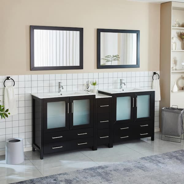 Brescia 84 in. W x 18 in. D x 36 in. H Bath Vanity in Espresso with Vanity Top in White with White Basin and Mirror