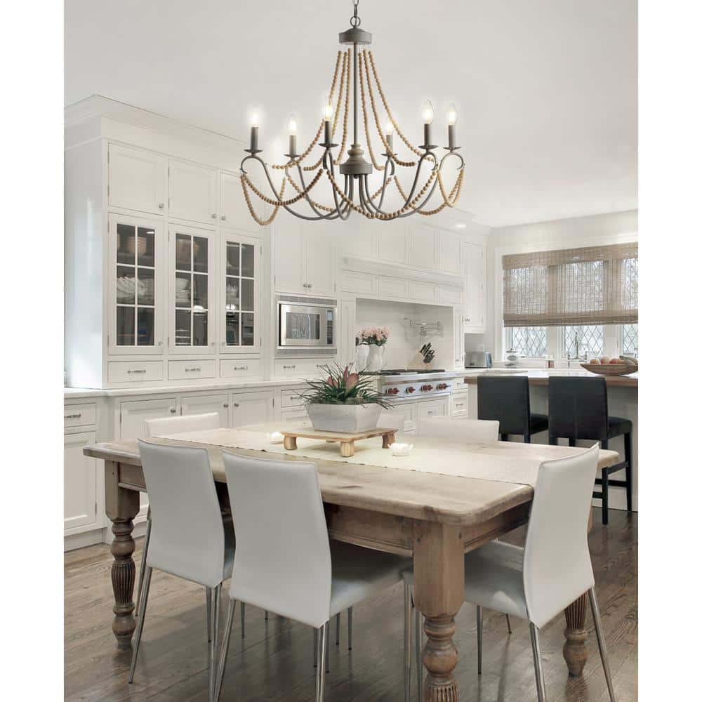 Rustica 27" Gray Metal and Wood Bead Chandelier