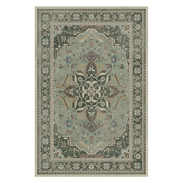 Samar Machine Washable Green 6 ft. x 9 ft. Medallion Indoor Area Rug