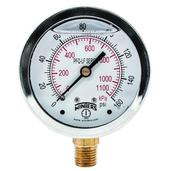 Winters Instruments PFQ-LF 2.5 in. Lead-Free Brass Stainless Steel Liquid Filled Pressure Gauge with 1/4 in. NPT BTM and 0-160 psi/kPa