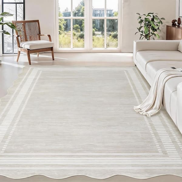 8 ft. x 10 ft. Beige Scalloped Area Rug, Washable Modern Border Carpet, Low Pile Non Slip Rug for Living Room Bedroom