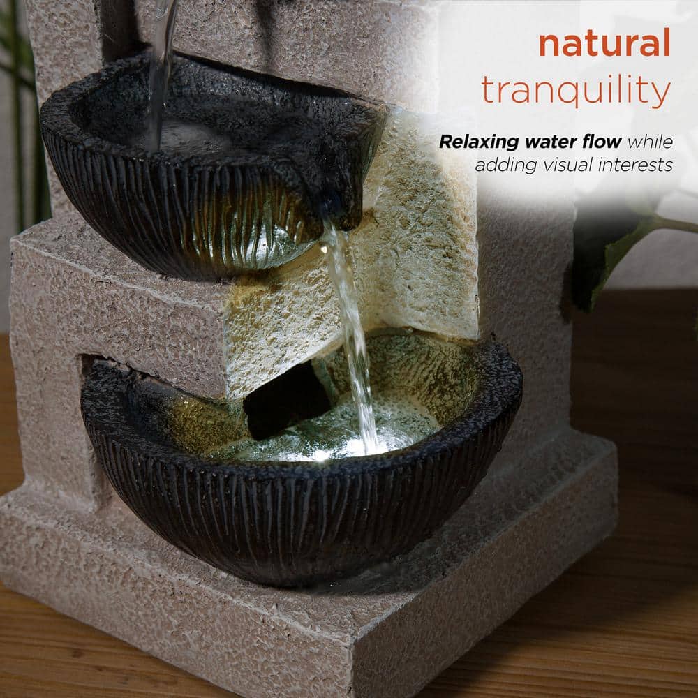 14" Gray Resin Cascading Bowl Tabletop Fountain with LED Lights