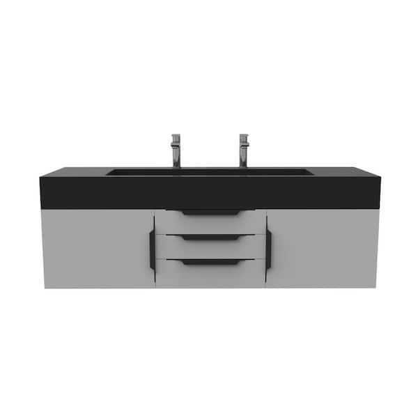 Nile 60 in. W x 19 in. D x 20 in. H Single Sink Bath Vanity in Matte Gray with Black Trim and Black Solid Surface Top