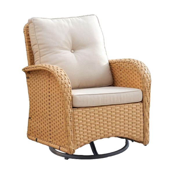 Carlos 1-Person High Back Yellow Wicker Outdoor Swivel Rocking Chair Patio Swivel Glider with Beige Cushions