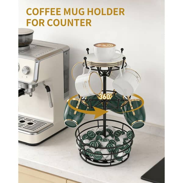 Wudkey 360 Rotating Black Metal Coffee Mug Rack with 10 Hooks, 3 Tier Cup Rack Bar Station Organizer, Mug Tree for Countertop