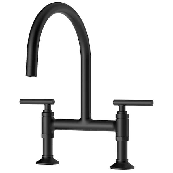 Double-Handle Bridge Kitchen Faucet with 360° Swivel Spout and Solid Brass Construction in Matte Black