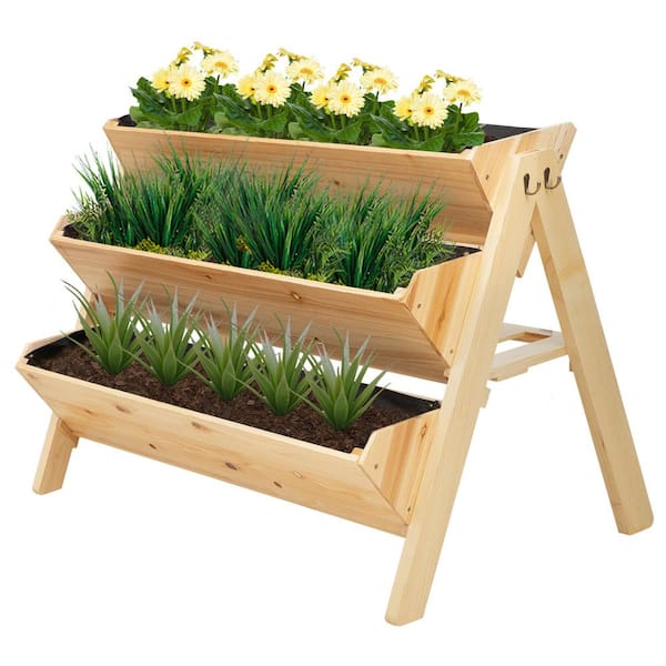 FORCLOVER 47 in. 3-Tier Natural Wooden Elevated Garden Bed Raised Planter Boxes with Side Hooks and Storage Clapboard