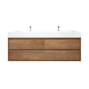 Saggie 71 in. W. x 20 in. D x 28 in. H Double Sink Floating Bath Vanity in Teak Oak with White Acrylic Top