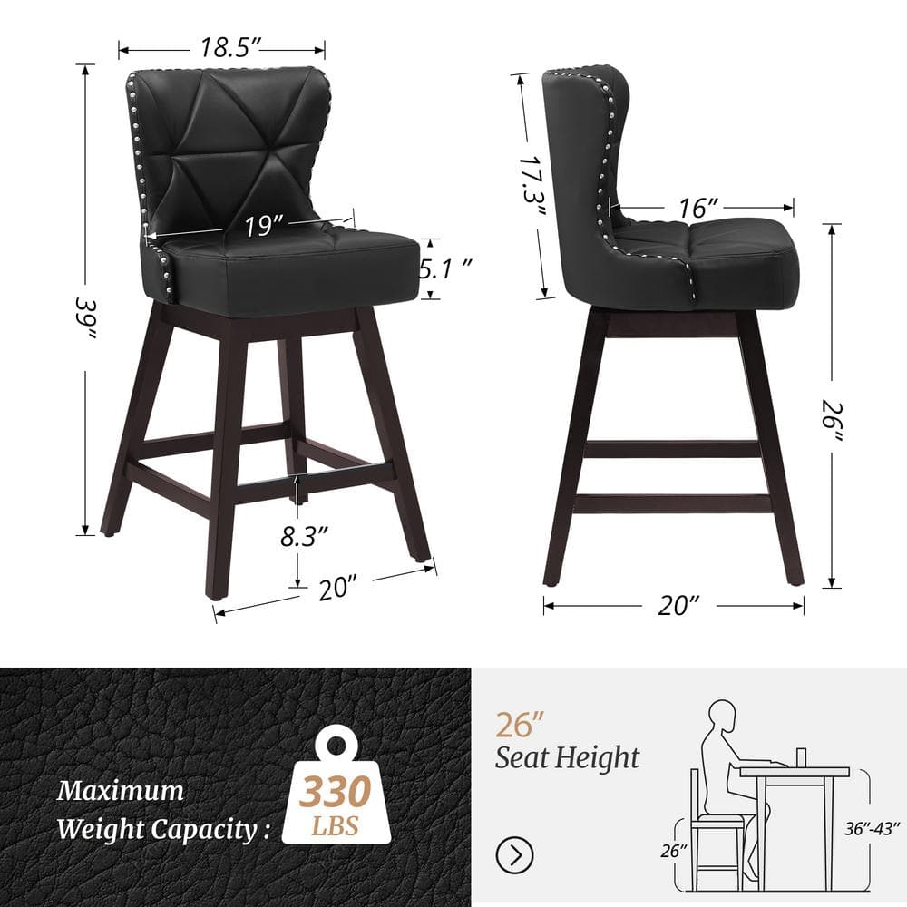 Zola 26" Black Faux Leather Swivel Bar Stools with Wood Frame (Set of 4)