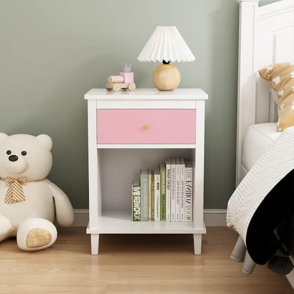 Pink 1-Drawer Wood Nightstand with Storage Cabinet(26.8 in. H)
