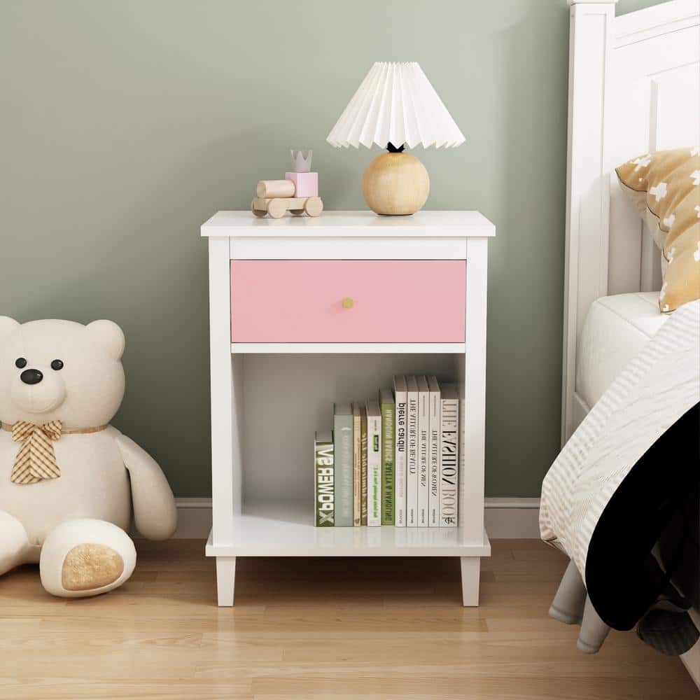 Pink 1-Drawer Wood Nightstand with Storage Cabinet(26.8 in. H)