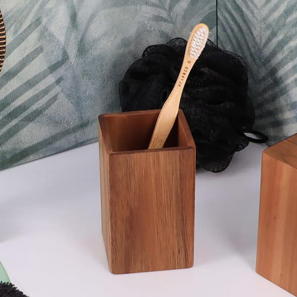 EVIDECO French home goods Acacia Bath Tumbler Cup/Toothbrush Holder in Wood Brown