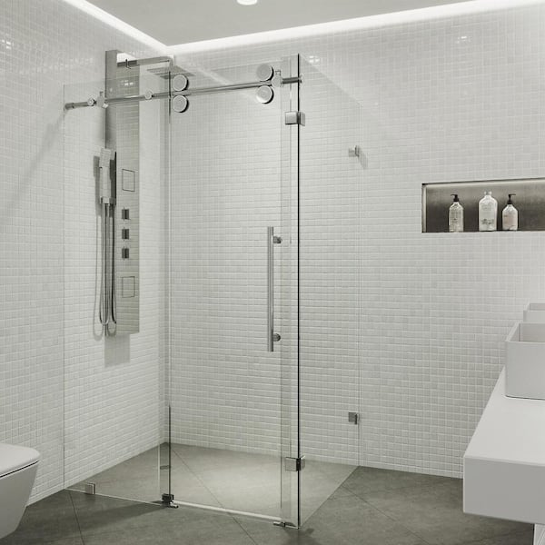 VIGO Winslow 34 in. L x 46 in. W x 74 in. H Frameless Sliding Rectangle Shower Enclosure in Chrome with 3/8 in. Clear Glass