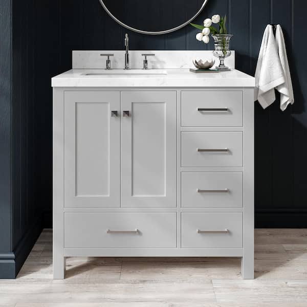 Cambridge 36 in. Single Sink Freestanding Bathroom Vanity in Gray with Carrara White Quartz Top