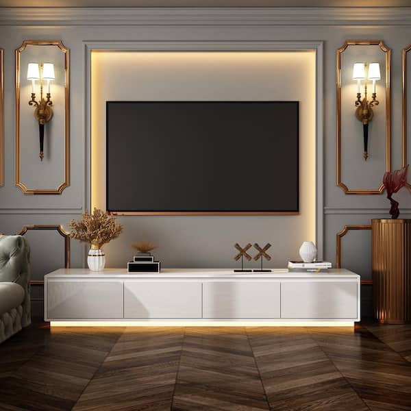 FUFU&GAGA White Mirrored Finished TV Stand Entertainment Center Fits TV's Up to 70 in. with 4 Drawers for Living room Storage