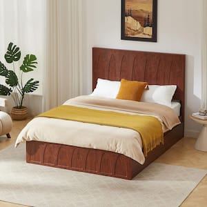 Brown Wood Frame Queen Size Platform Bed with 4 Storage Drawers, Curved Groove Solid Wood Headboard