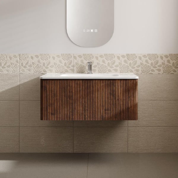 Aaby 36 in. W x 18 in. D x 15 in . H Wall Mounted Floating Bath Vanity Cabinet in Brown with White Ceramic Top and Sink