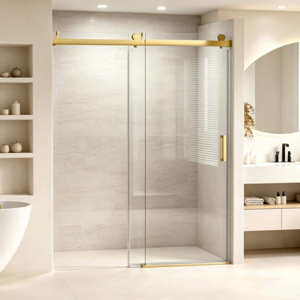 "60 in. W x 76 in. H Sliding Frameless Shower Doors in Brushed Gold with 1/4"" (6mm) ANSI Clear Tempered Glass" price history on PriceWatchPro