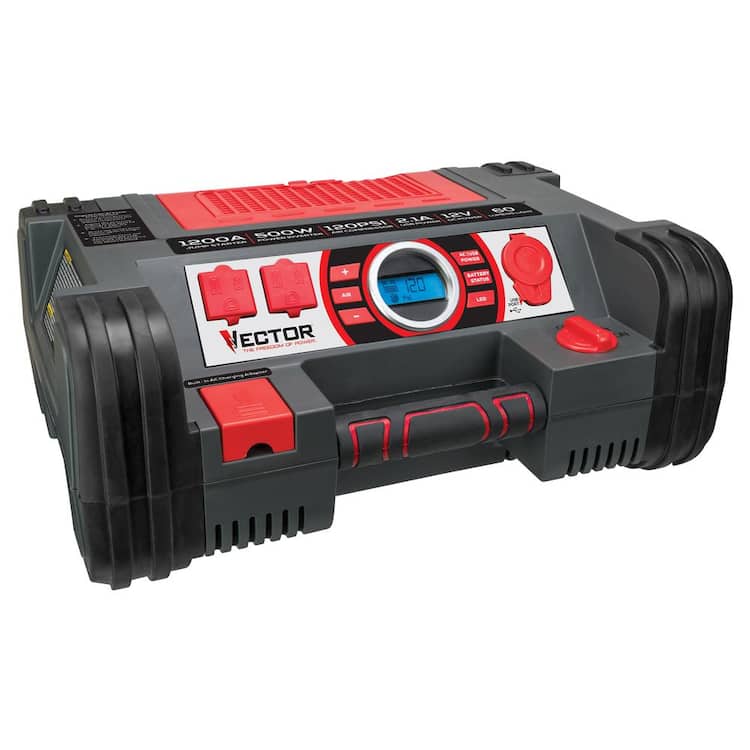VECTOR 1200 Peak Amp Automotive Jump Starter, Portable Power - 10W USB Port, 500W Inverter, 120 PSI Air Compressor
