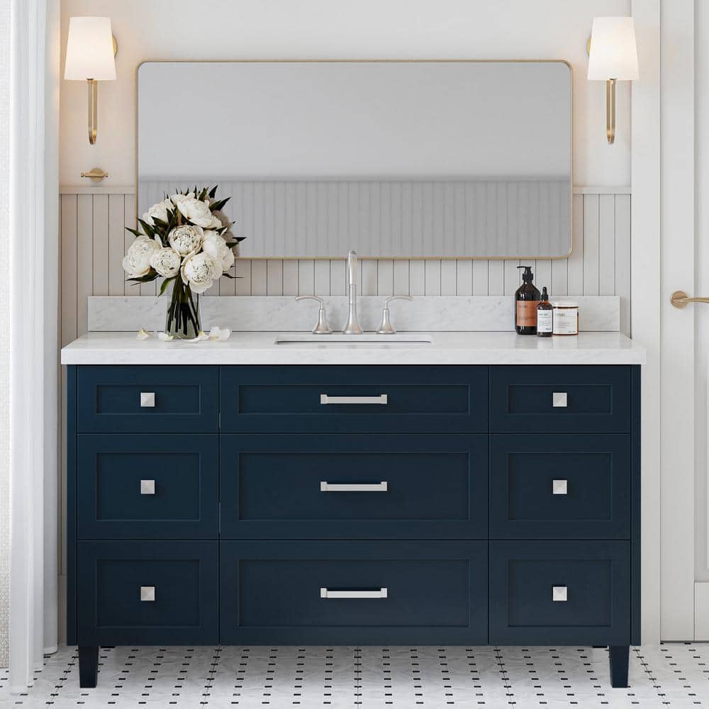 Monroe 60 in. Single Sink Freestanding Bathroom Vanity in Midnight Blue with Carrara White Marble Top price history on PriceWatchPro
