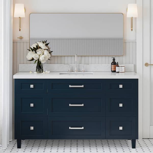 ARIEL Monroe 61 in. W x 22 in. D x 36 in. H Freestanding Bath Vanity in Midnight Blue with Italian Carrara White Marble Top