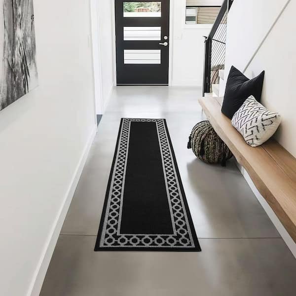 Christine Border 2 ft. x 10 ft. Black/Twisted Gray Trellis Runner Rug