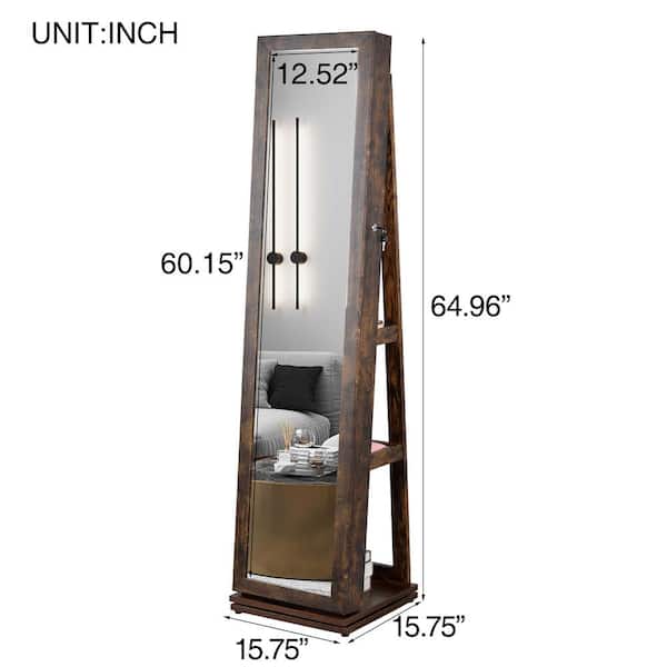 15.7 in. W x 15.7 in. L x 65 in. HBrown MDF Free Standing Jewelry Armoire with Mirror, External 3-Layer Shelf