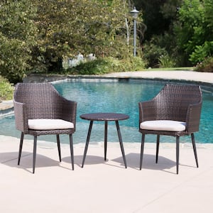 3-Piece Wicker Outdoor Patio Conversation Seating Set with Beige Cushions and Side Table for Patio, Garden and Backyard