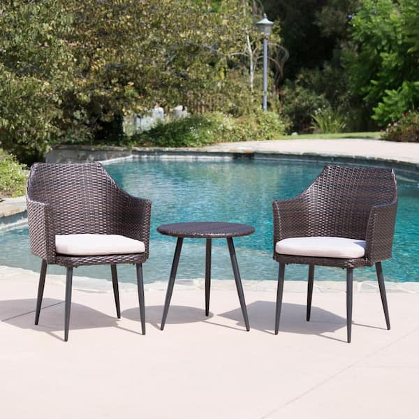 Zeus & Ruta 3-Piece Wicker Outdoor Patio Conversation Seating Set with Beige Cushions and Side Table for Patio, Garden and Backyard