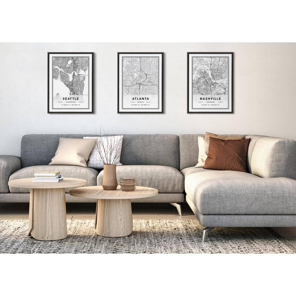 Seattle Modern Map Framed Canvas Wall Art, 18x24, Dark Gray