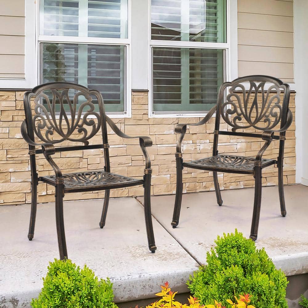 Antique Bronze Cast Aluminum Outdoor Dining Armchairs, Set of 2