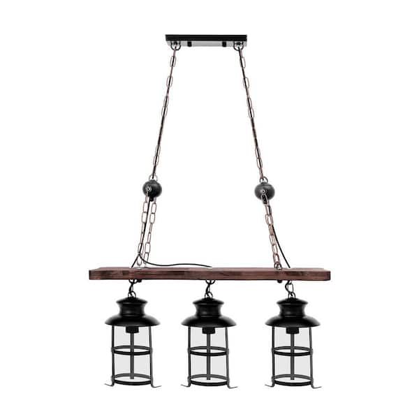 3-Light Black and Brown Retro Shaded Pendant Light with Clear Glass Shade for Dining Room Kitchen, No Bulbs Included