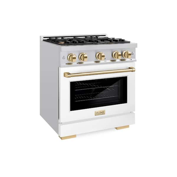 Select 30 in. 4-Burner Dual Fuel Range with Convection Oven in Stainless Steel, Matte White, and Polished Gold
