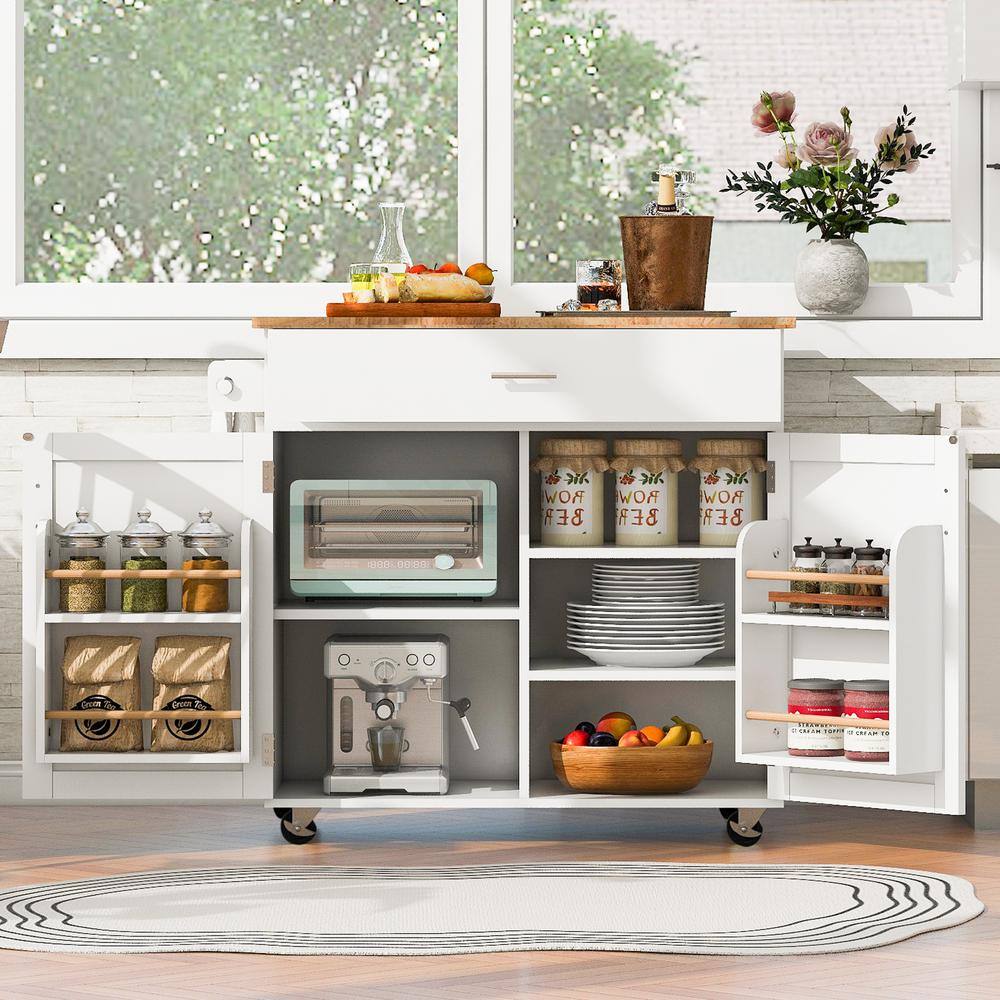 tunuo White Wood 39 in. Kitchen Island with Large divided Drawer ...