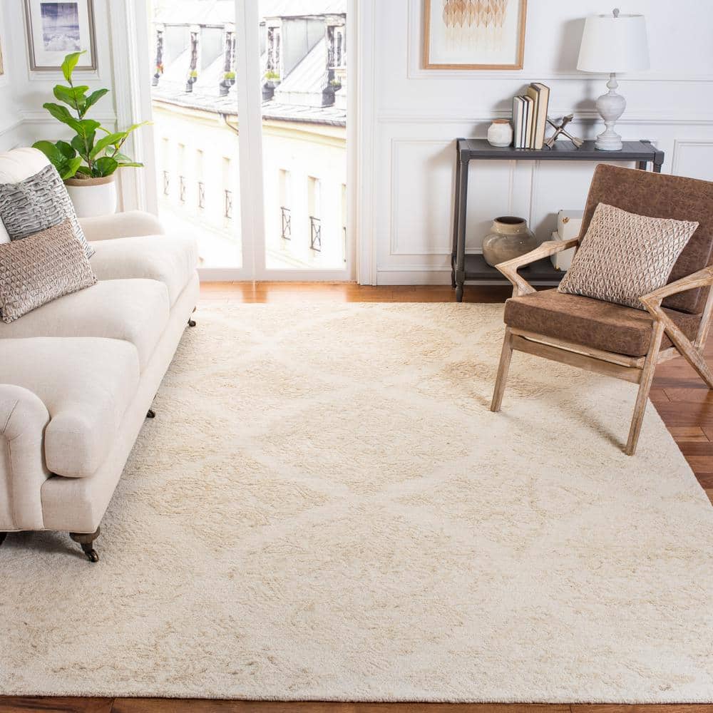 Ivory Beige Abstract Hand-Tufted Wool Square Rug