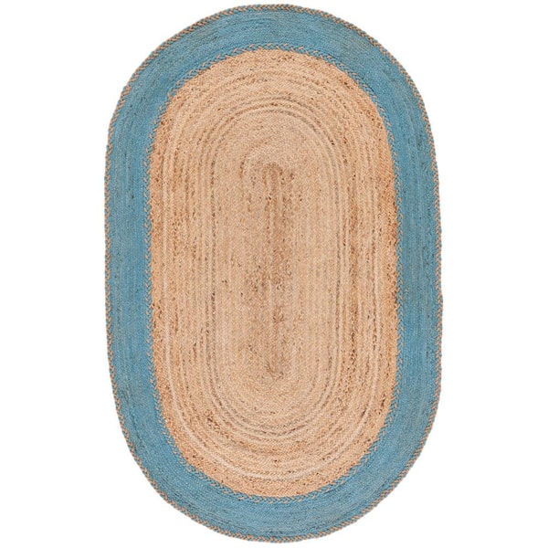 Natural Fiber 7 ft. x 9 ft. Oval Natural/Blue Border Woven Area Rug
