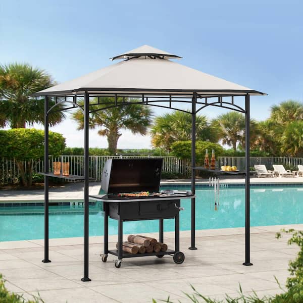 Sunjoy Amity 5 ft. x 8 ft. Black Steel 2-Tier Grill Gazebo with Tan and Black Canopy