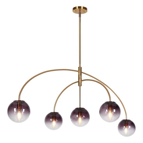 5-Light Plating Brass Sputnik Chandelier for Kitchen Island with Gradient Purple Glass Shades
