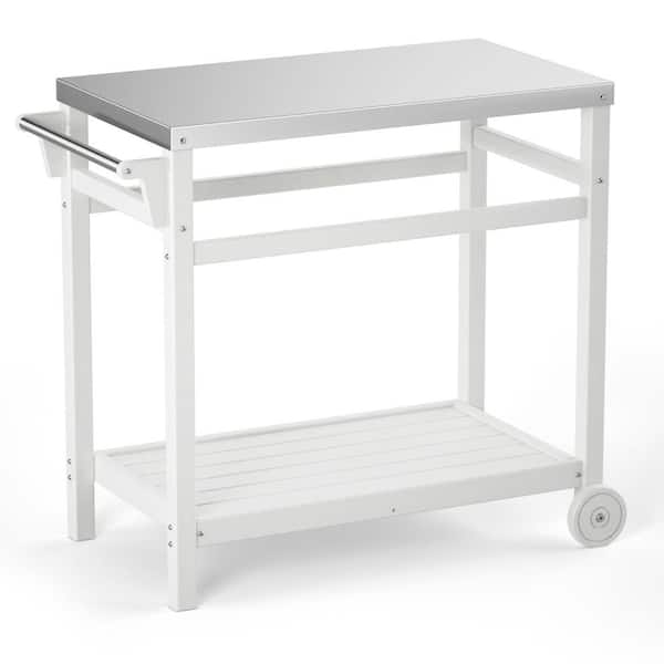 Otryad White 34 in. Outdoor Grill Cart Prep Dining Cart Table with Stainless Steel Countertop, Storage Shelf and Towel Bar