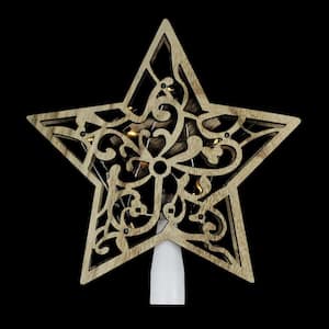 10 in. Lighted Battery Operated Wooden Star Christmas Tree Topper in Clear Lights