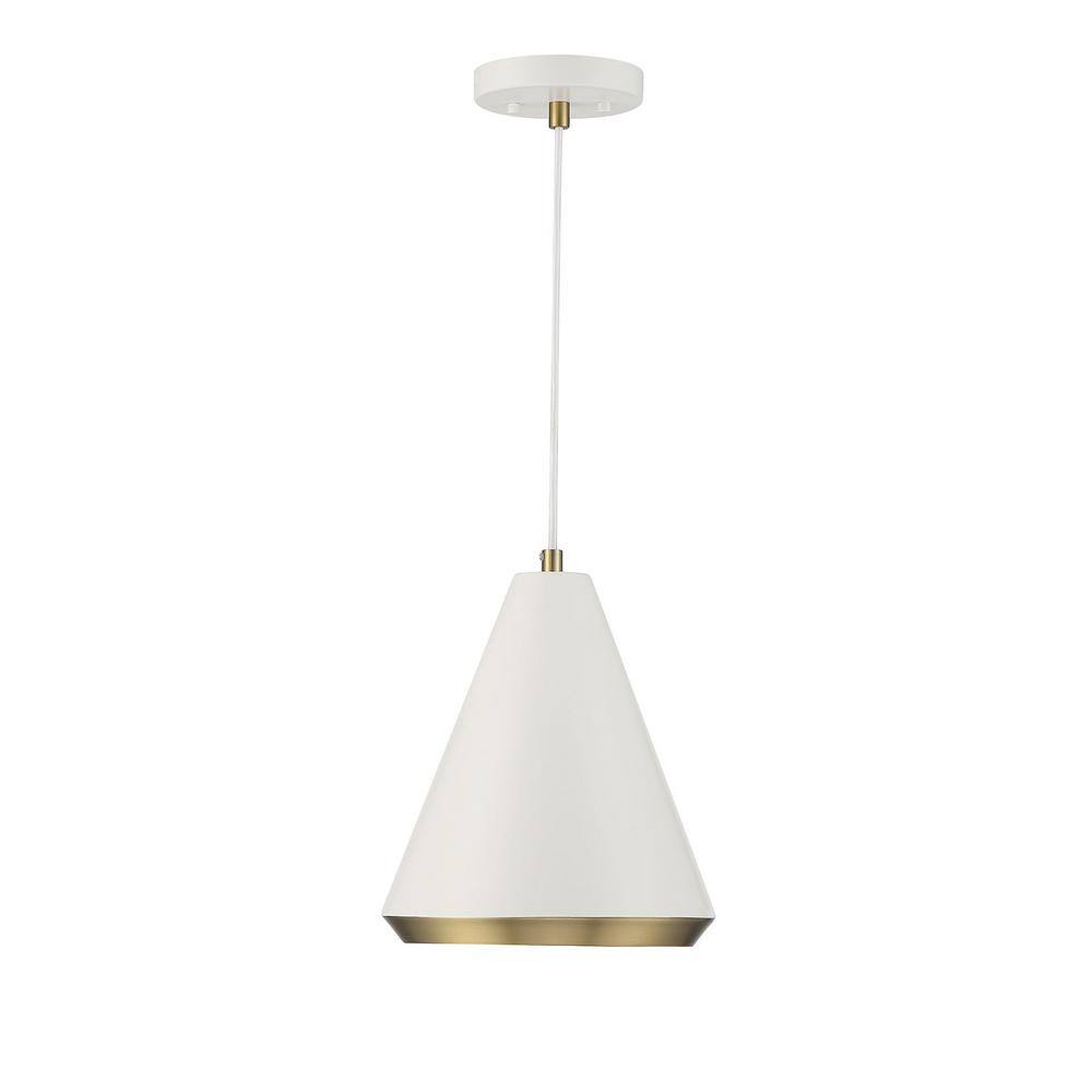 White and Brass Cone Pendant Light with Metal Shade
