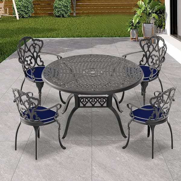 Runesay 5-Piece Set of Cast Aluminum Patio Outdoor Dining Set with Random Colors Cushions and Black Frame
