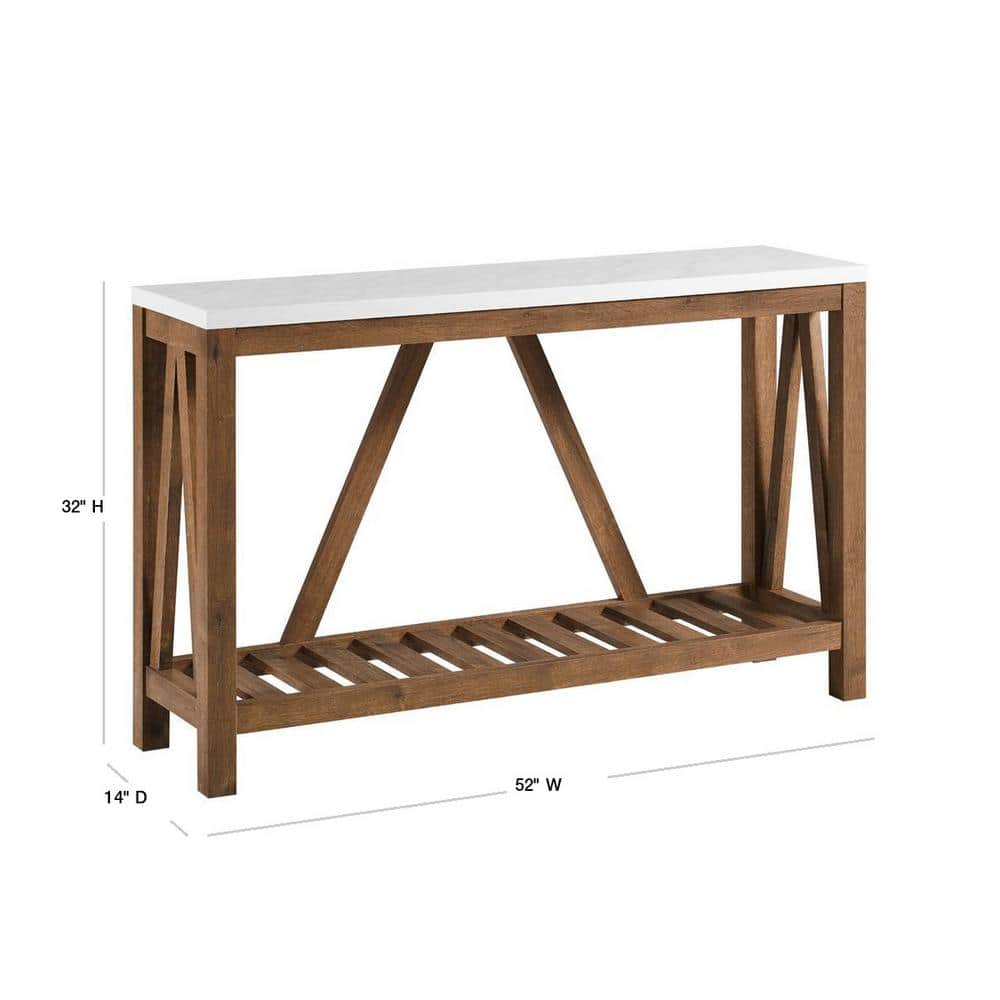 Farmhouse Charm 52" Walnut Wood Console Table with Marble Finish and Storage