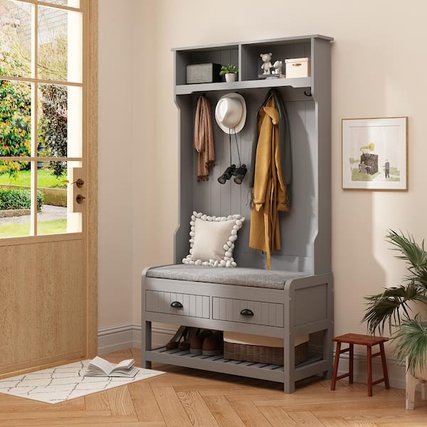 68.5 in. Gray Wood 3-in-1 Coat Rack with 4-Metal Hooks and 2-Drawers, Storage Bench