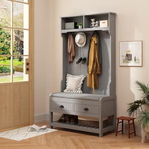 68.5 in. Gray Wood 3-in-1 Hall Tree Coat Rack Storage Bench with 4-Metal Double Hooks and 2-Drawers, Shelves