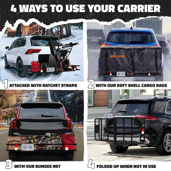Mockins 500 lbs. Capacity Hitch Mount Cargo Carrier Basket, 16 cu. ft. Cargo Bag , Thick Straps, Foldable Shank and 2 in. Raise