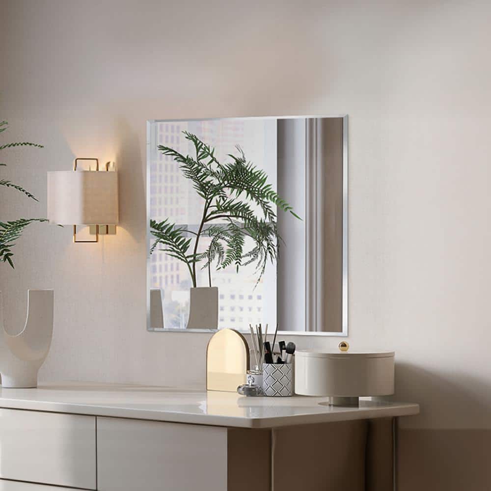 Elegant 36" Square Frameless Beveled Wall Mirror with Shelf